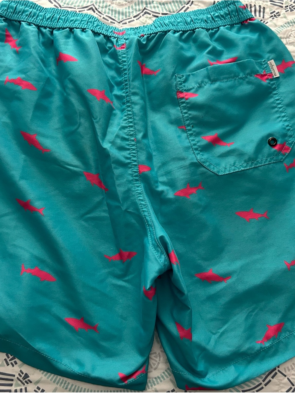 Turquoise Shark Print Swim Trunks - Picture 2 of 4